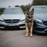An intense scene showing a prowling German Shepherd displaying an angry expression next to an imposing C63 AMG.