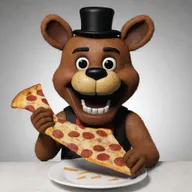 Freddy Fazbear from Five Nights at Freddy's joyfully eating a cheesy pizza slice