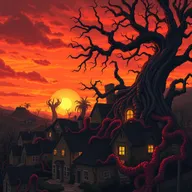 A haunting illustration inspired by "The Architect of the Collective" by Dusan Bajec, depicting a surreal sunset over a village that integrates into a meaty, organic realm