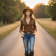 Cowgirl in casual attire strolling down a secluded road during summertime, surrounded by the warm hues of the setting sun