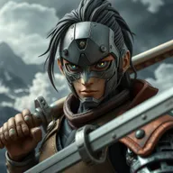 A mechanical doll designed in an anime style, featuring a male swordsman with a weathered mechanical face that tells a story of experience and battle