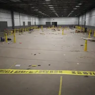 An intricately detailed image of a crime scene within a large industrial warehouse. Evidence markers, yellow tape, and scattered tools create a tense atmosphere.