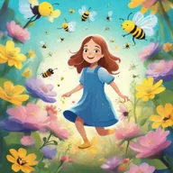 A radiant girl named Lily joyously skipping through an illuminated garden overflowing with vibrant flowers, while watering her plants under the buzzing bees.