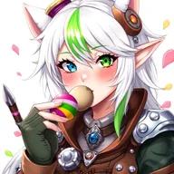 A half-high elf woman radiating charm and whimsy, with stunning steampunk style white hair accented by a vibrant green stripe