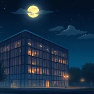 A serene animated scene of a modern office building in America at night, illuminated by soft, warm lights