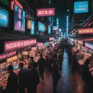A bustling cyberpunk-style market filled with neon signs, futuristic stalls, busy digital vendors and intrigued customers