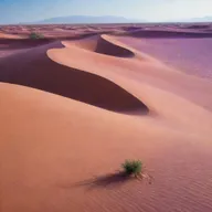 A captivating scene of an oasis surrounded by expansive purple sand dunes.