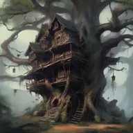 A ominous tree house, filled with menacing, demonic goblins that are suspiciously peering outside to ensure there's nobody else around.