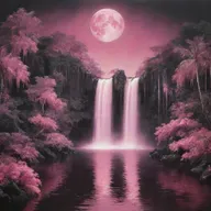 Switch the scene to nighttime, enveloping the heart-filled paradise in a dreamy pink shade, with moonlight reflecting off the tranquil waterfalls and the sky painted in deep tones of pink and black.