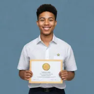 Create a clipart style image of an honor student happily holding a certificate, with a gold-starred badge pinned on their chest, symbolizing excellence in academic performance.