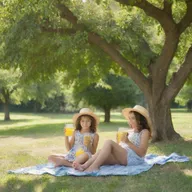 Two girls comfortably seated under a large, fruitful walnut tree, sipping on freshly made, cool lemonade in the shade on a sunny day.