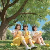 Anime styled girls, in their colorful attire, comfortably seated under a large, leafy walnut tree, savoring some fresh, cool lemonade. The scene reveals a sunny, peaceful day.