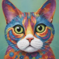 A vividly coloured, whimsically patterned cat with bright, alert eyes and twitching whiskers.