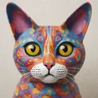A vividly coloured, whimsically patterned cat with bright, alert eyes and twitching whiskers.