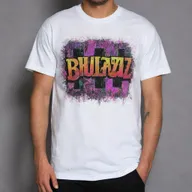 A grungy white t-shirt with 'BHULDAZ' bold text on the front. It has intricate designs that glow vibrant neon colors in the darkness, highlighted against the shirt's dirty texture.