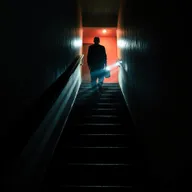 A dark staircase illuminated by flickering lights, creating an atmosphere of suspense and tension