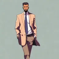 Anime character design of a Muslim man confidently walking, hands casually resting in the pockets of his stylish blazer.
