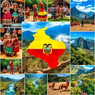A vibrant collage of multiple images divided into various squares, each square filled with numerous cultural elements representing the rich diversity of Ecuador