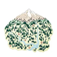A hand-drawn forest map featuring a dense forest illustrated with intricate tree symbols, majestic mountains positioned at the top, and a flowing river that starts on the left side and curves down towards the bottom center