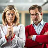 An image showcasing two attractive middle-aged Caucasian adults, a man and a woman, both displaying signs of anxiety and stress