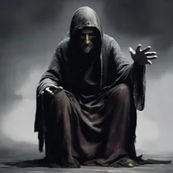 A beggar clothed in ragged attire, imbued with an aura of dark mystical power visibly emanating from his outstretched hands.