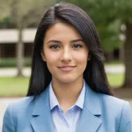 A pretty young woman with neat and straight, mid-length black hair. She has light tan skin, an average build, and stands shorter than average height. Her brown eyes have a foxy charm and she has a pointy nose. She's dressed in a light blue university blazer uniform.