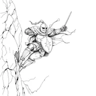 An expressive line drawing of a medieval knight with a helm, precariously hanging off a cliff on the side of a steep mountain, on the verge of falling