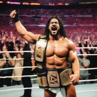 WWE wrestler Veer Mahaan proudly holding all WWE title belts amidst a roaring crowd in a wrestling ring.