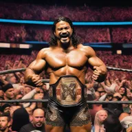 WWE wrestler Veer Mahaan proudly holding all WWE title belts amidst a roaring crowd in a wrestling ring.
