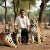 A man happily surrounded by four imposing tigers and two loyal dogs in a serene natural setting.