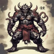 Sukuna, a powerful and imposing demon figure from Japanese folklore, standing tall in his full glory with menacing eyes and multiple arms.