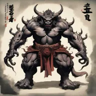 Sukuna, a powerful and imposing demon figure from Japanese folklore, standing tall in his full glory with menacing eyes and multiple arms.