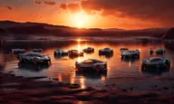 Futuristic car show on Mars next to a lake under the warm glow of a setting sun, captured with professional camera settings: manual mode, f/8, ISO 200 using a telephoto lens.
