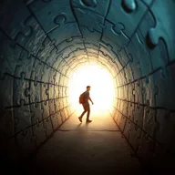 A creative image featuring a determined man walking through a tunnel, where the tunnel itself is shaped like interlocking puzzle pieces