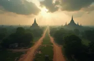 An evocative panoramic view of Myanmar in a post-apocalyptic world, where the majestic temples of Bagan stand partially buried in sand and overgrown with dense foliage