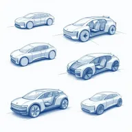 Create several concept sketches of a futuristic four-seater electric vehicle using blue pencil