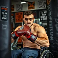 A determined man in a wheelchair engaged in boxing training, showcasing strength and perseverance