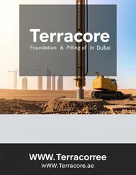 A very clear front cover design for an A4-sized brochure featuring a recent image that vividly depicts foundation excavation or pile installation work in Dubai