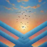 A spiritual scene with birds in flight against a sunset sky integrating sacred geometric patterns