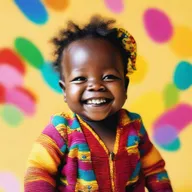A joyful black baby with sparkling eyes and a big, infectious smile, dressed in colourful clothing.