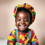 A joyful black baby with sparkling eyes and a big, infectious smile, dressed in colourful clothing.