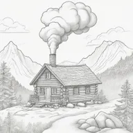 A cartoon image of a small, cosy cabin nestled on a mountain, with smoke billowing out from its chimney