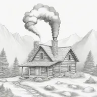 A cartoon depiction of a little cabin tucked away on a mountain, with a wisp of smoke emerging from the chimney