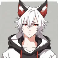 Anime-style 16/17 year old boy with half black, half white hair, one red eye and one white eye, and wolf ears