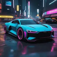 Imagine a futuristic Audi inspired car in the Cyberpunk 2077 universe, highlighting sleek design and neon accents, navigating the dampened, vibrant streets of Night City