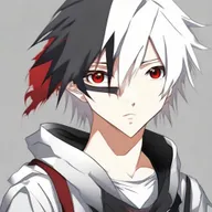 Anime-style 16/17 year old boy with half black, half white hair, one red eye and one white eye