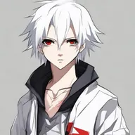 Anime-style 16/17 year old boy with half black, half white hair, one red eye and one white eye