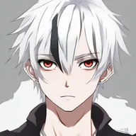Anime-style 16/17 year old boy with half black, half white hair, one red eye and one white eye