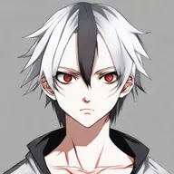 Anime-style 16/17 year old boy with half black, half white hair, one red eye and one white eye