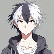 Anime-style 16/17 year old boy with half black, half white hair